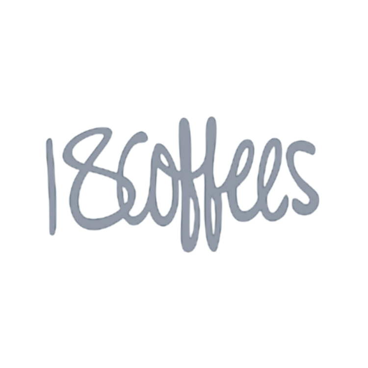 Cartoon-style text that says '18 coffees' in grey on a black background.