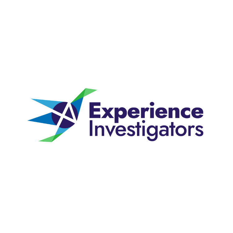 Logo for Experience Investigators with a stylized compass and arrow design in blue, green, and purple.