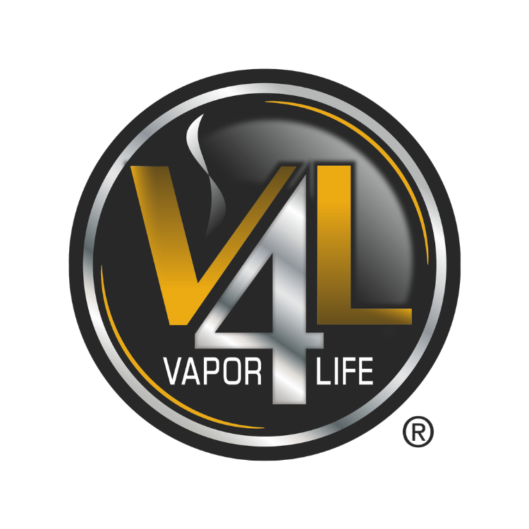 A circular logo with a black background, featuring the text 'V4L' in bold gold and silver letters, with a stylized vapor swirl above. Beneath, it says 'Vapor Life' in white.