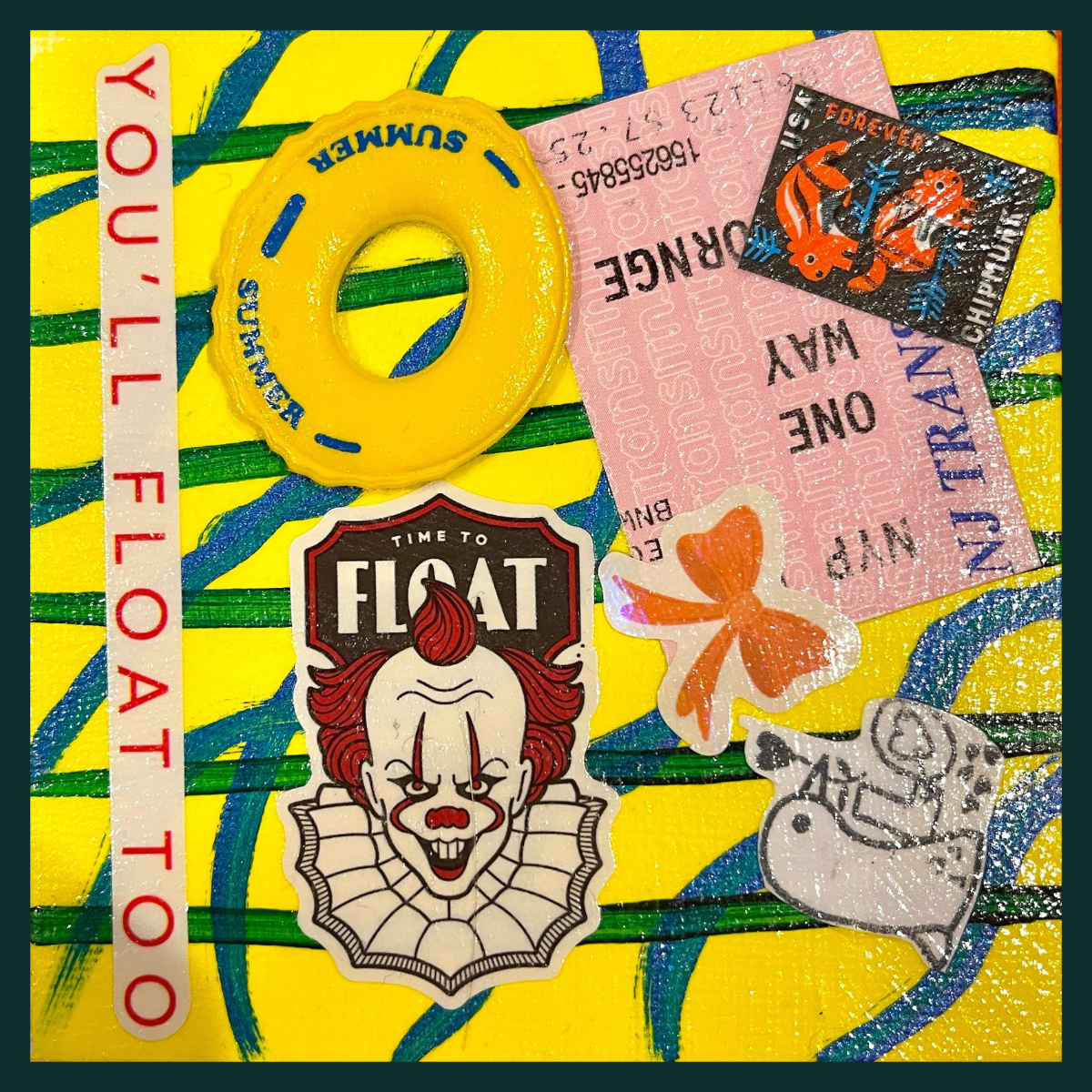 A colorful collage with stickers, a train ticket, and postage stamp