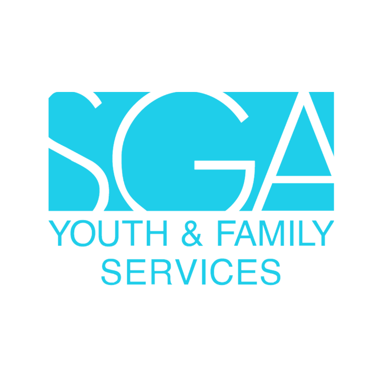 Logo for SGA Youth & Family Services with the acronym 'SGA' in large white letters and a blue background.
