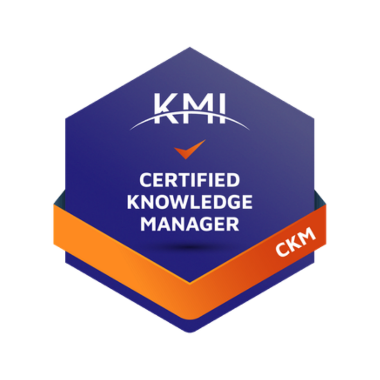 Badge with a dark blue hexagon background, white text stating 'KMI' and 'Certified Knowledge Manager,' an orange checkmark, and an orange banner with white text 'CKM' at the bottom.