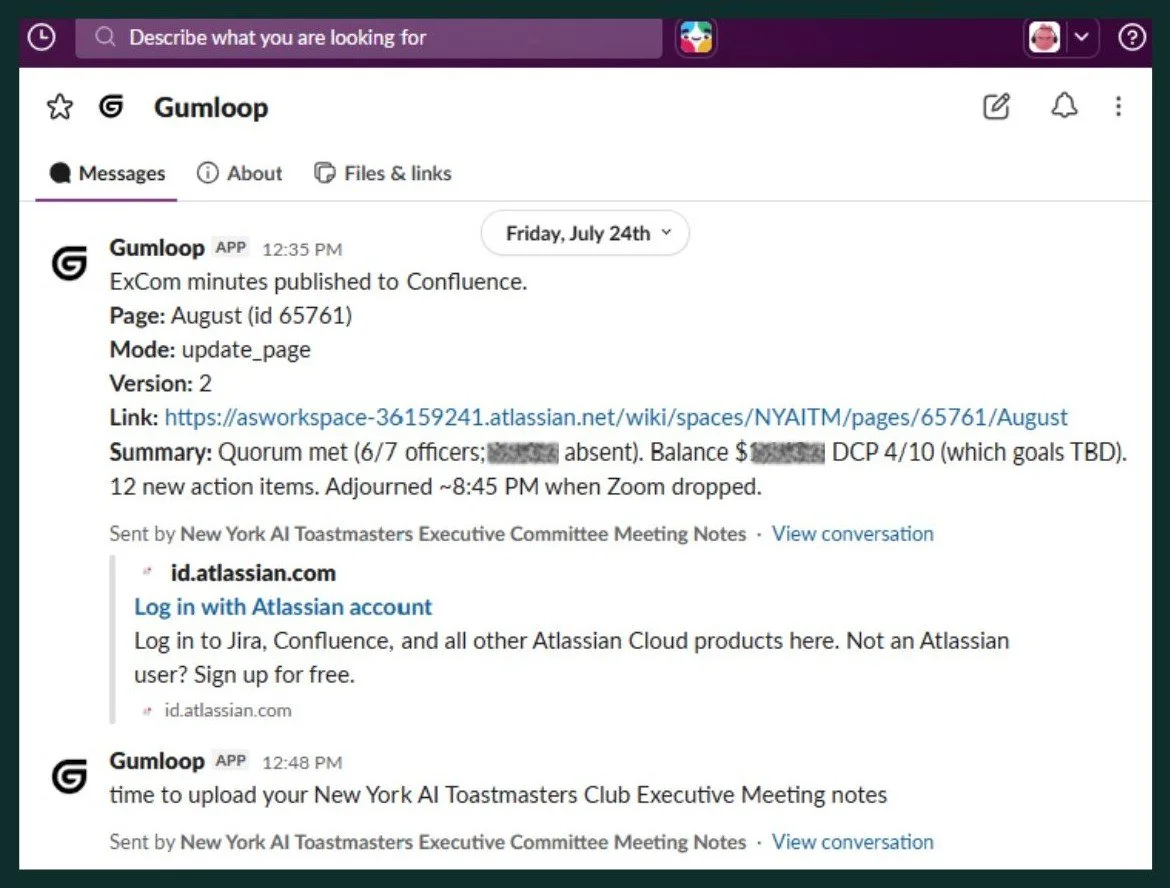 A screenshot of the Gumloop agent notification that the meeting minutes have been uploaded to Confluence