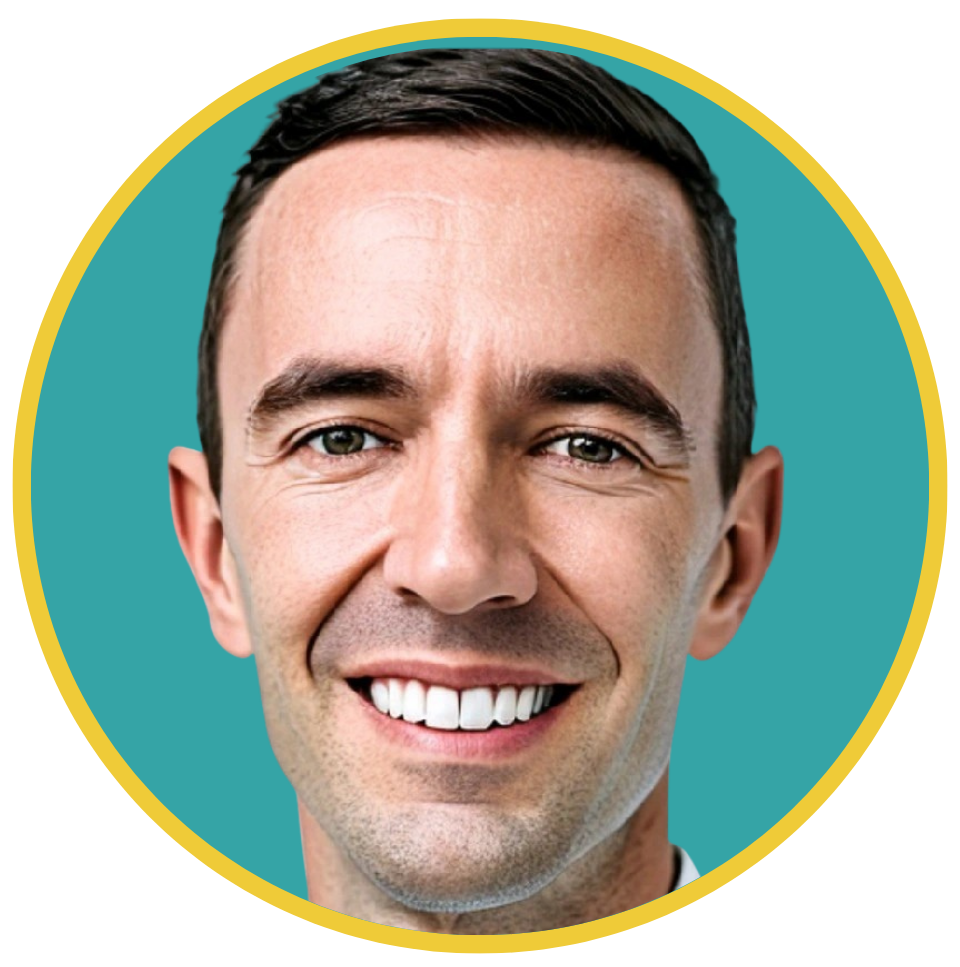 Close-up of a smiling man with dark hair and light skin, against a teal circular background with yellow border.