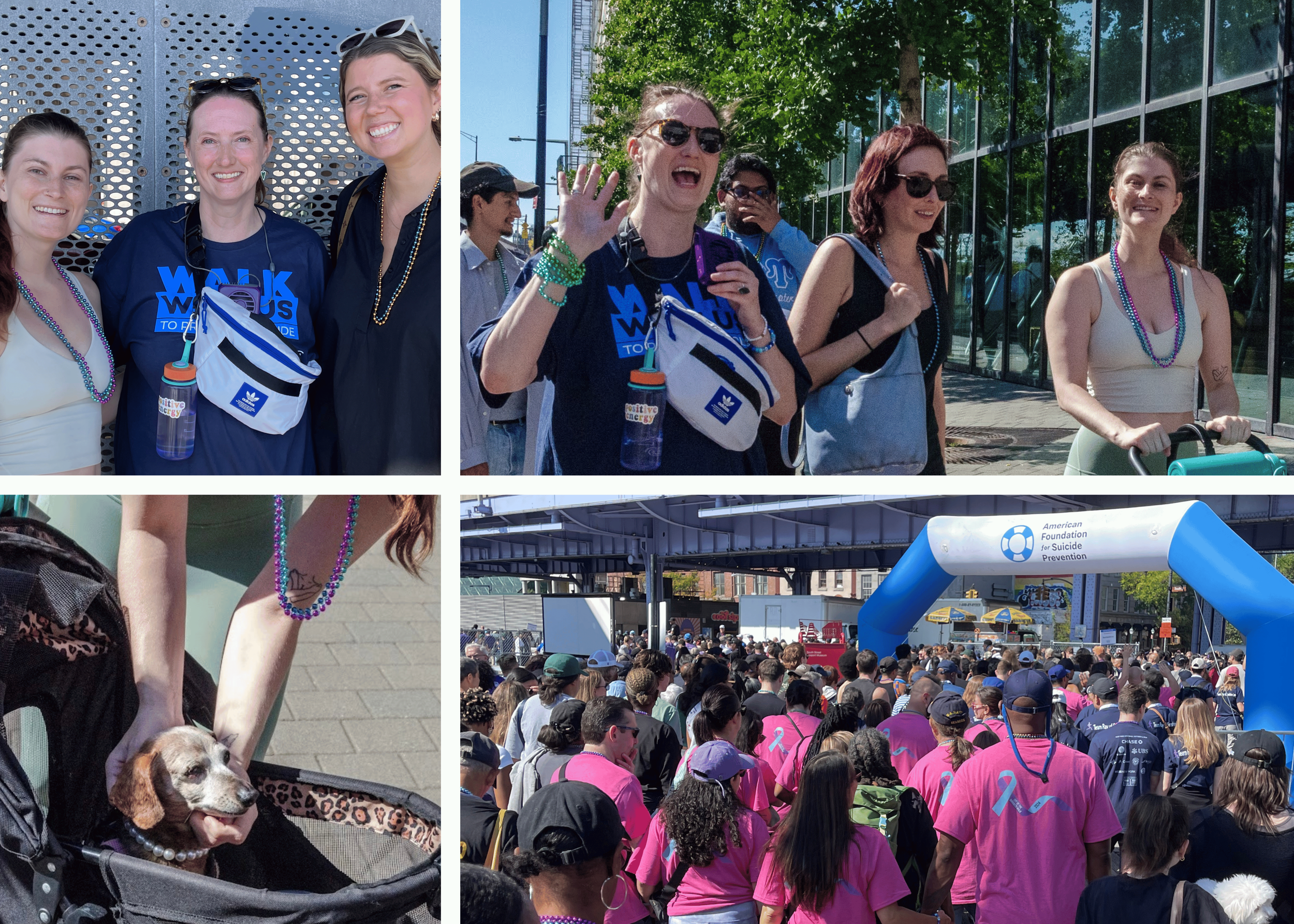 A collage of four photos shows women smiling at the camera participating in the AFSP Out of the Darkness Walk. One photo shows a dog in a stroller. Another photo shows the large crowd walking in the event.