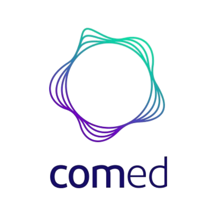 A circular, colorful digital illustration with abstract patterns, with the word 'comed' written below.