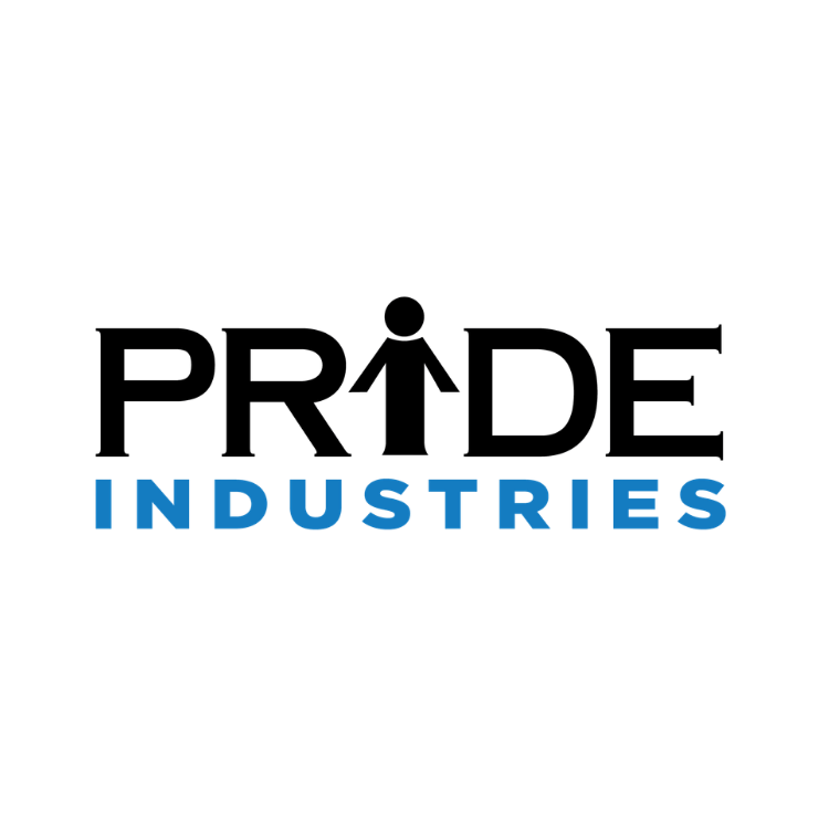 Logo with the words 'Pride Industries' in black and blue text.