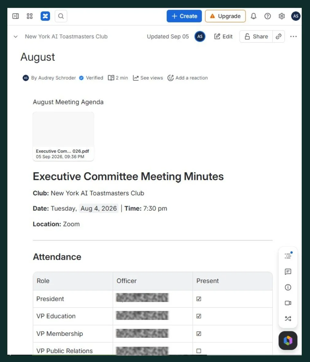 A screenshot of the finalized August Executive Committee Meeting Minutes uploaded to Confluence