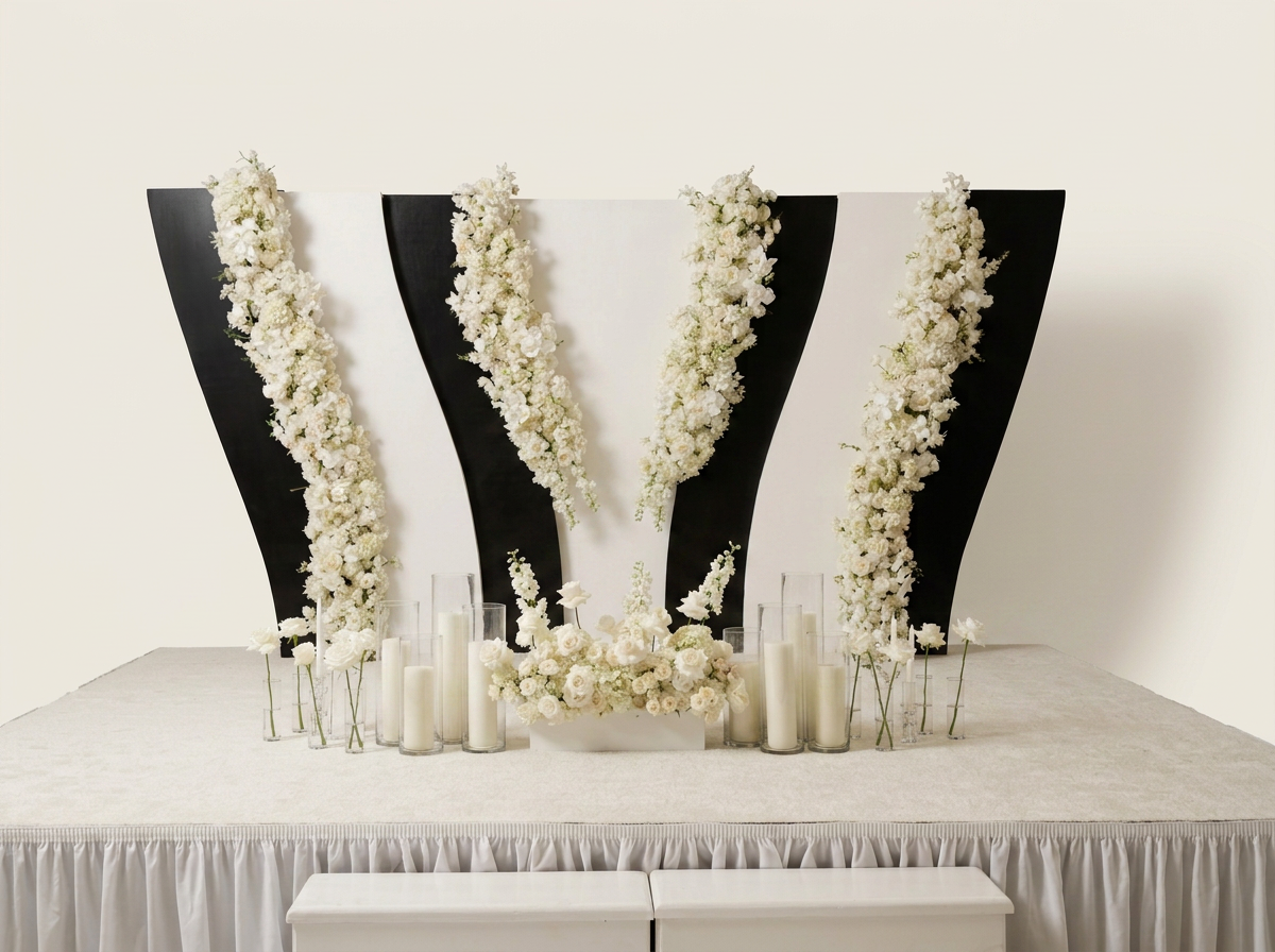 Decorative display with large black and white panels decorated with white flowers, candles, and floral arrangements on a table.