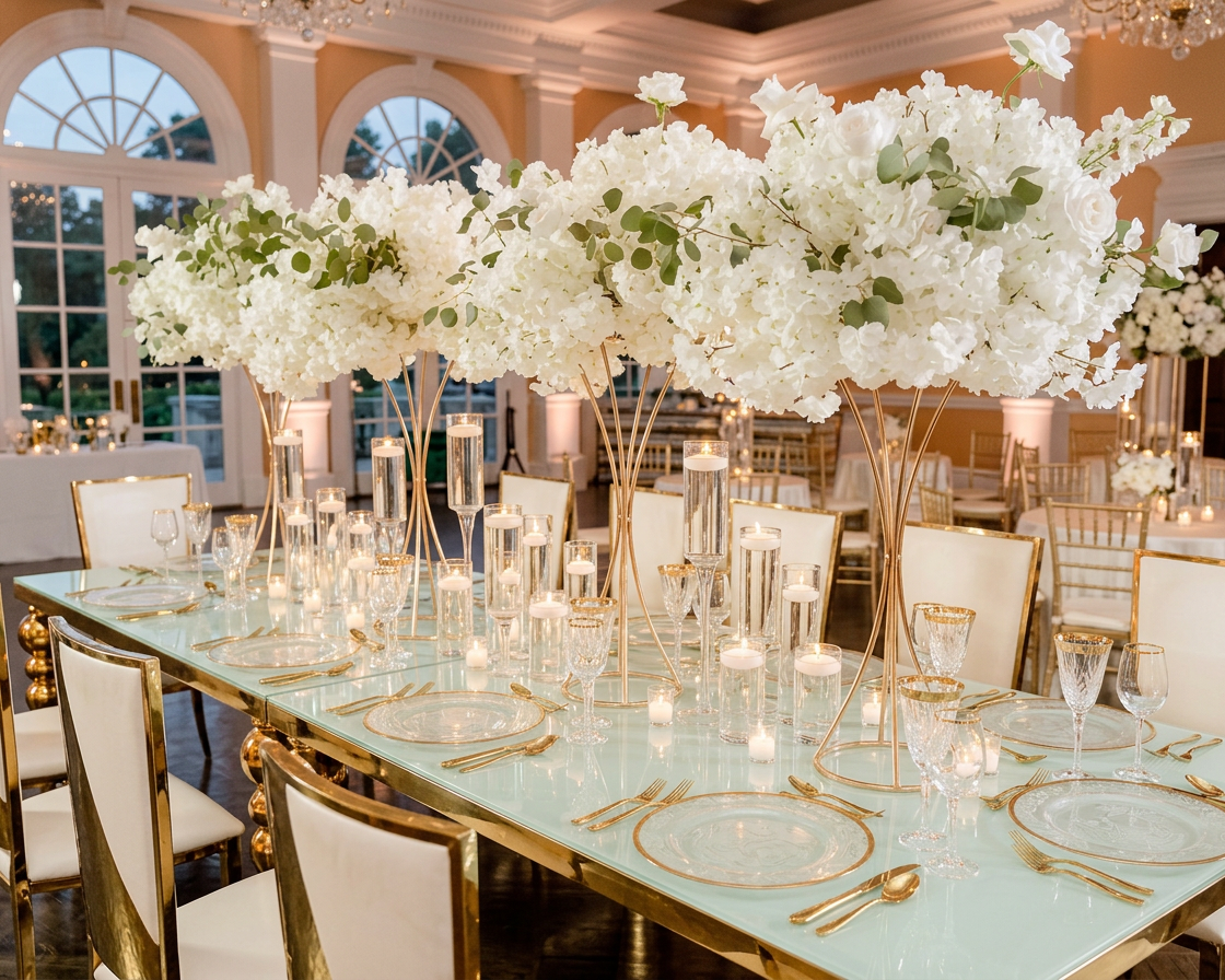 Elegant banquet table decorated with tall white floral centerpieces and candles, set in a luxurious indoor venue with large arched windows.