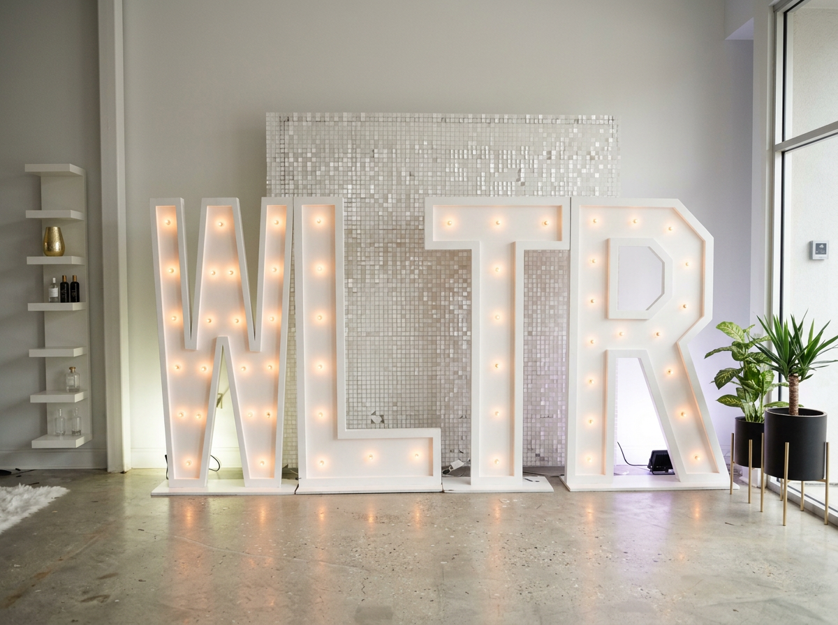 Decorative illuminated letters spelling 'WTR' in a modern interior space with plants and shelves.