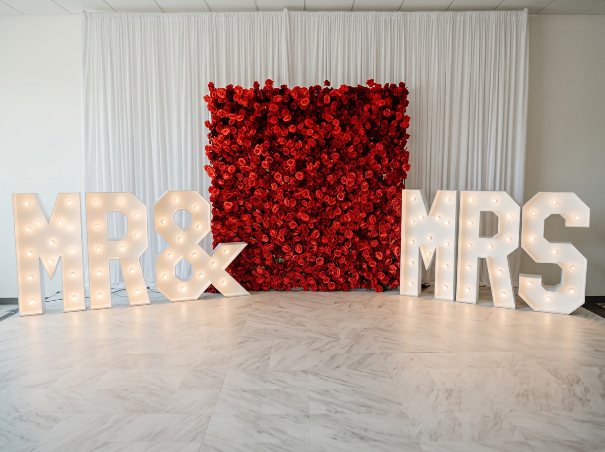 Large illuminated letters spelling 'MR & MRS' with a red rose backdrop and white curtains in the background.