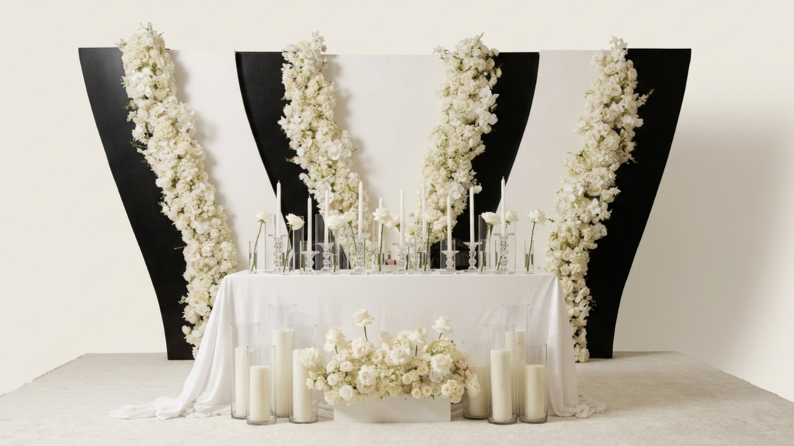 A wedding or special event setup with a white tablecloth, surrounded by white flowers and candles, with a backdrop of black and white panels decorated with cascading white flower arrangements.