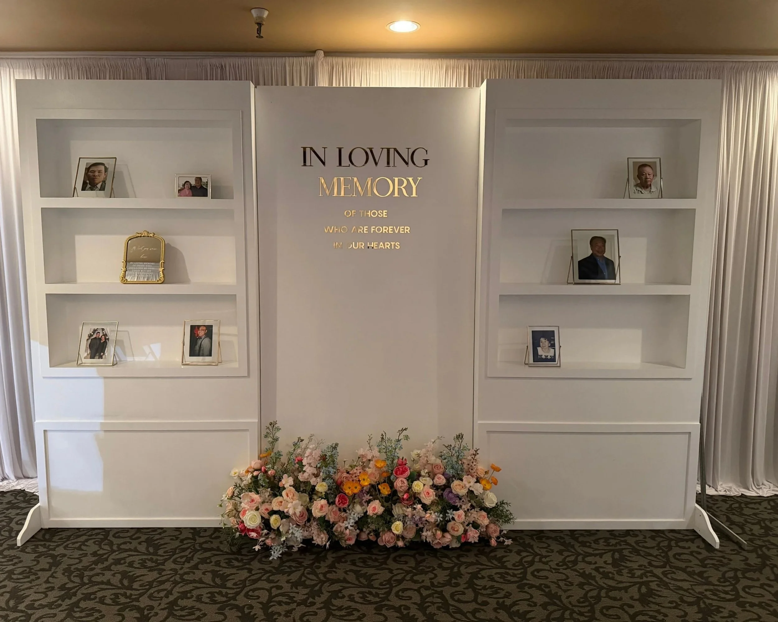 Elegant Memorial Backdrop and Display Shelves