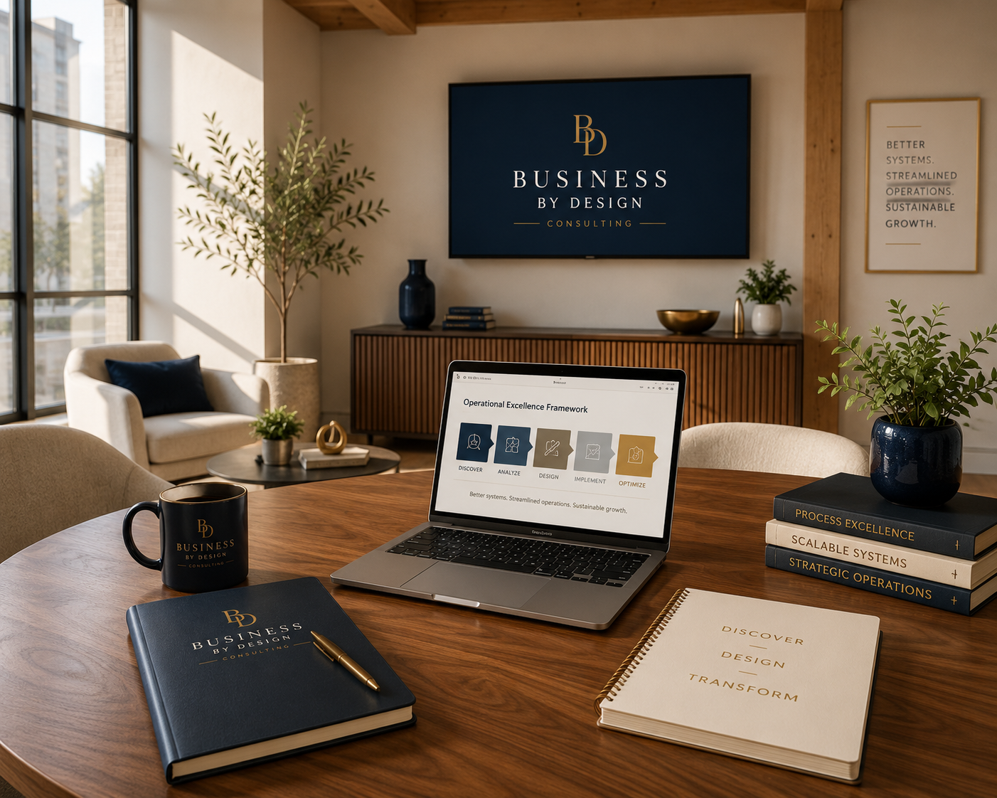 Modern conference room prepared for business strategy and operations consulting sessions.