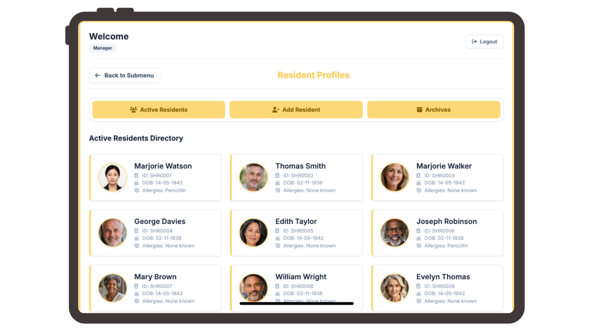 A digital interface displaying resident profiles in a management system. It includes a welcome message, navigation buttons for active residents, adding a resident, and archives. The active residents are shown with photos, names, IDs, dates of birth, and allergies.