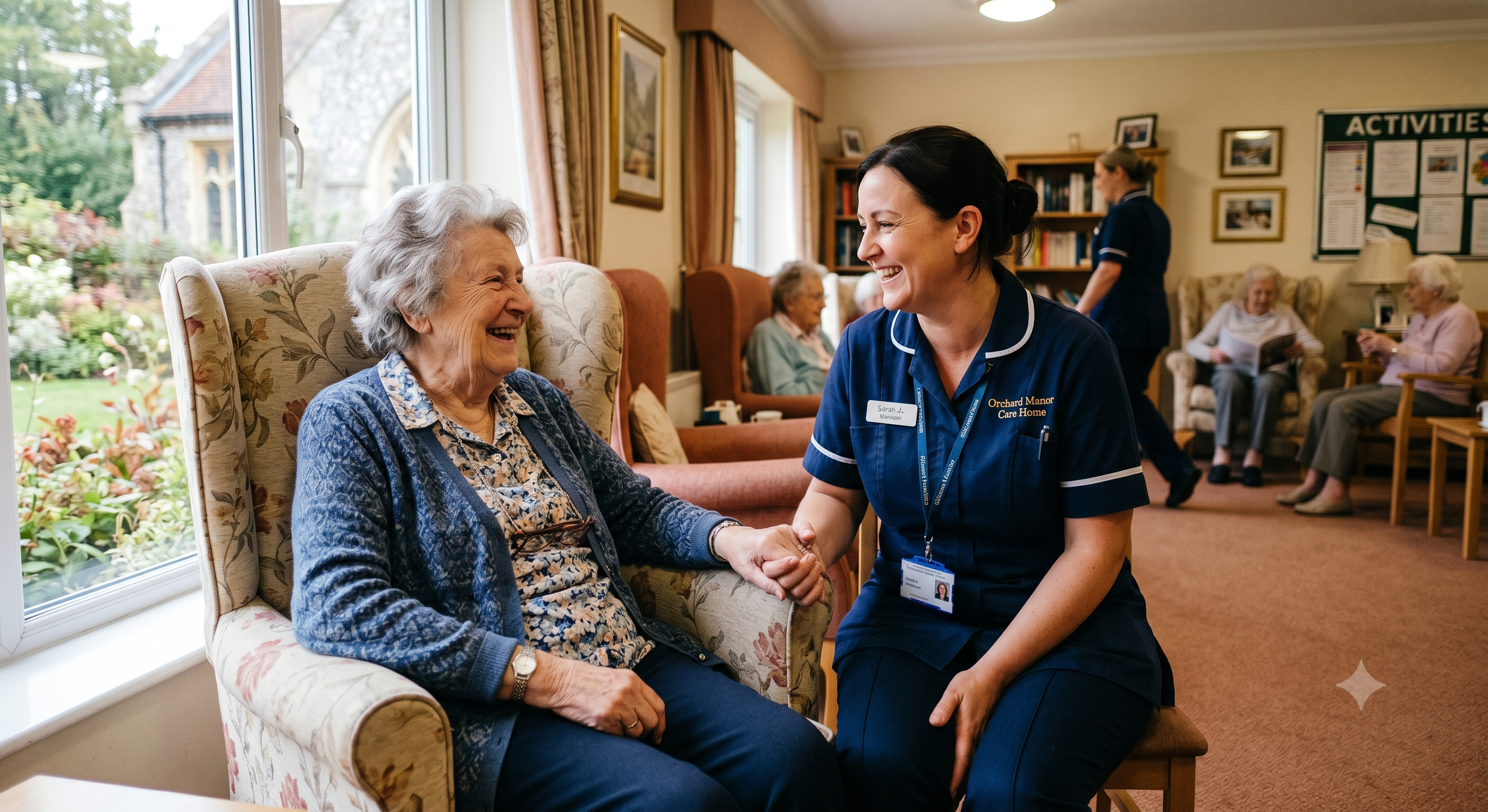 A smiling elderly woman sitting in a floral armchair near a window, holding hands with a caregiver in a blue uniform at a care home. Other elderly residents are in the background, some seated and reading or chatting.