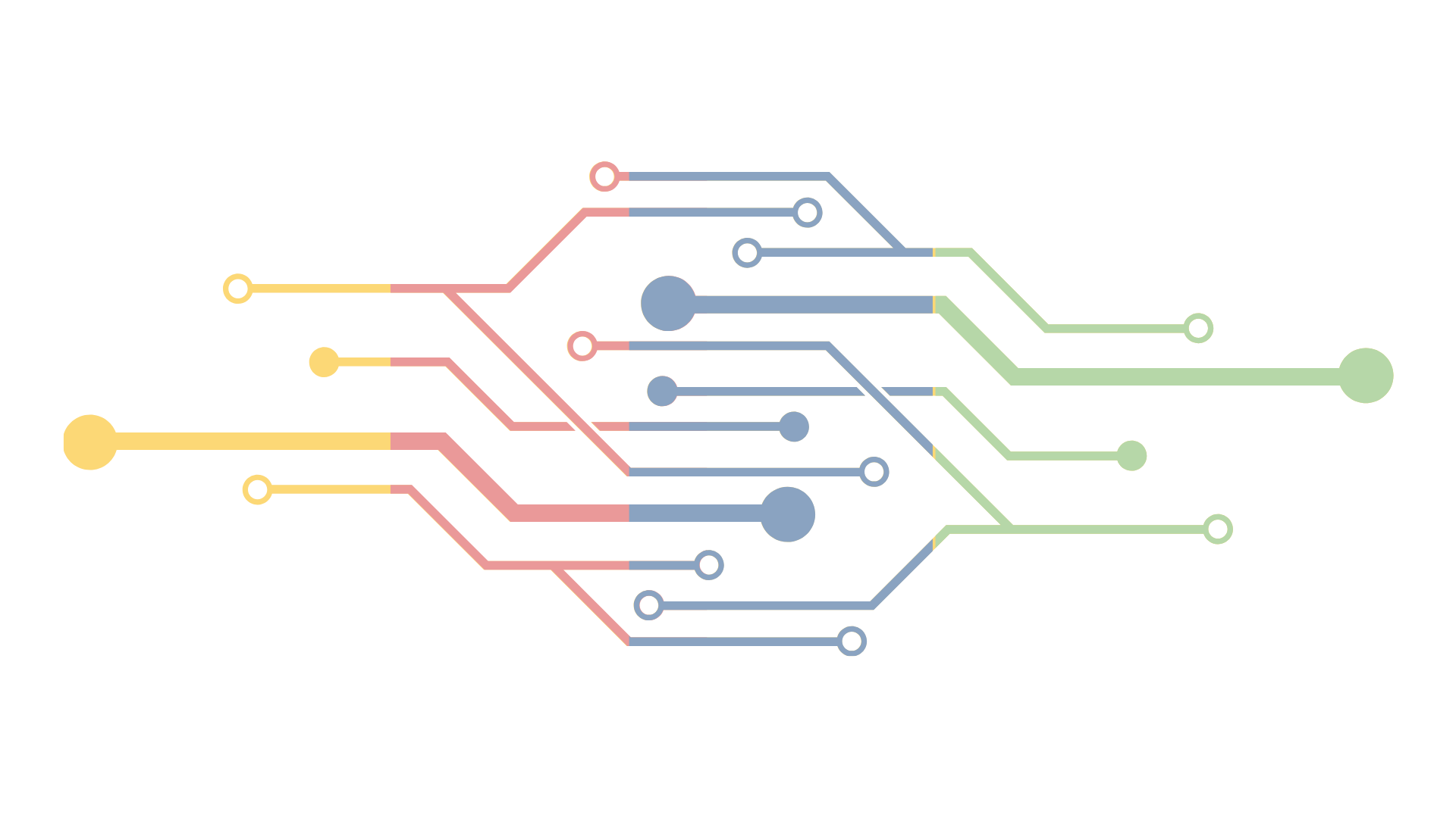 A simplified illustration of a multicolored electronic circuit diagram resembling a neural network with interconnected lines and nodes.