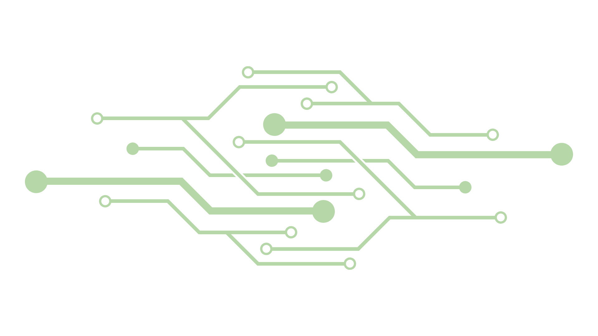 Illustration of a digital circuit or electronically connected pathways in light green on a black background.