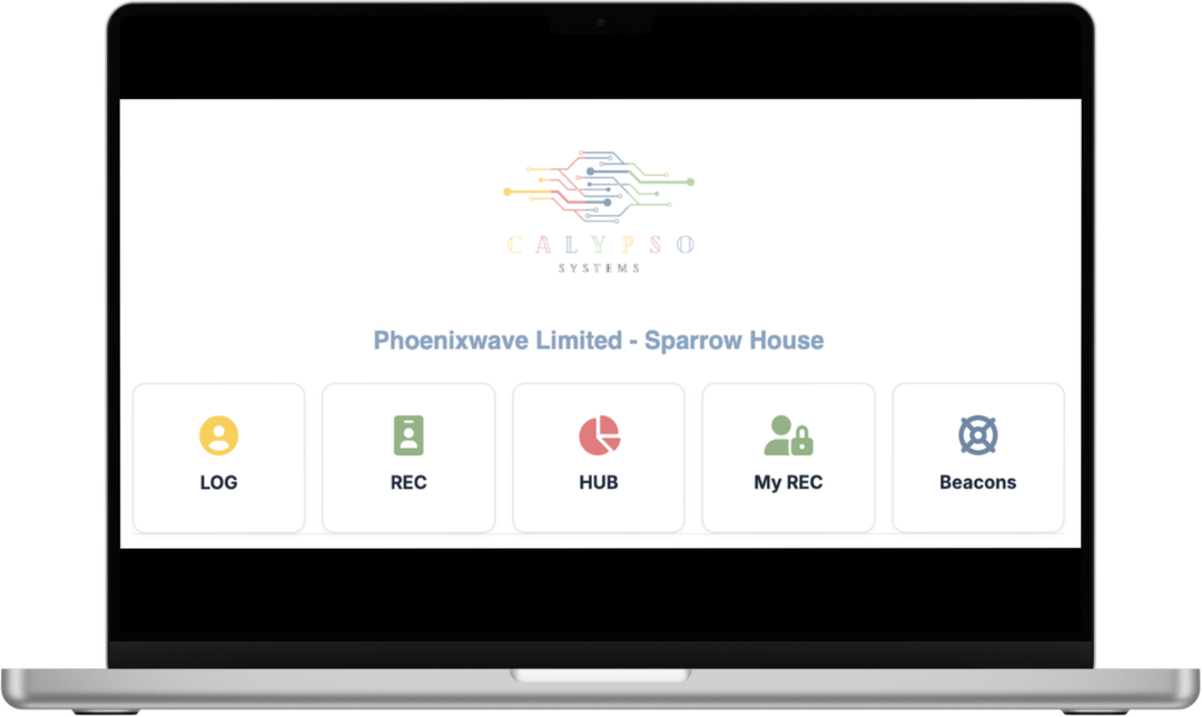 Laptop screen displaying the Calypso Systems interface with options for LOG, REC, HUB, My REC, and Beacons, under the title Phoenixwave Limited - Sparrow House.