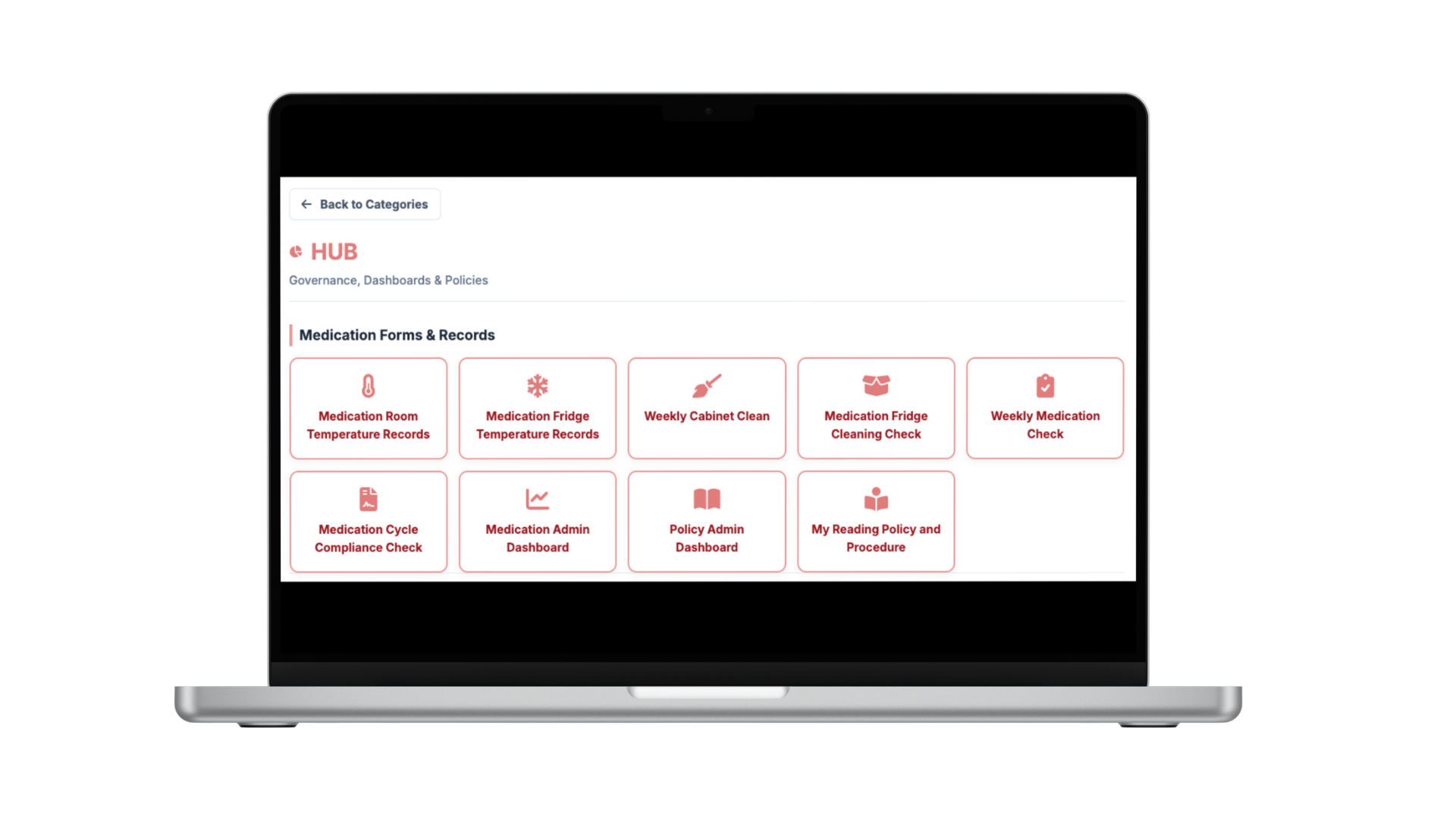 Laptop screen displaying a healthcare management dashboard with sections for medication forms, records, and admin tools.