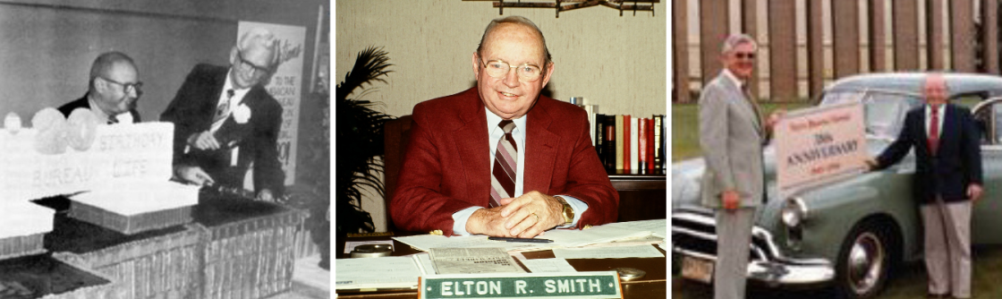 A collage of three images. The first is a black-and-white photo of two men at a table, one signing a document. The second is a color portrait of a man with glasses, sitting at a desk with a nameplate reading "Elton R. Smith". The third is a color photo of two men standing beside a vintage car, presenting a large check.