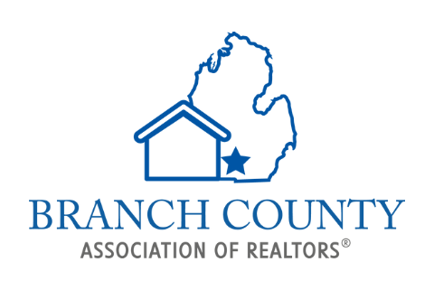 Logo for Branch County Association of Realtors featuring an outline map of Michigan, a house, and a star.