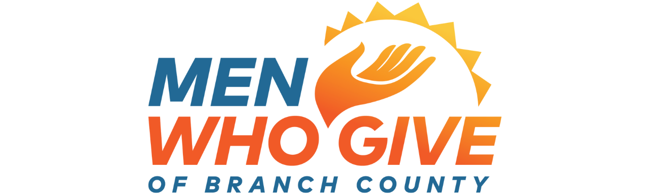 Logo for Men Who Give of Branch County, featuring a stylized sun with a hand inside it and text in blue and orange.