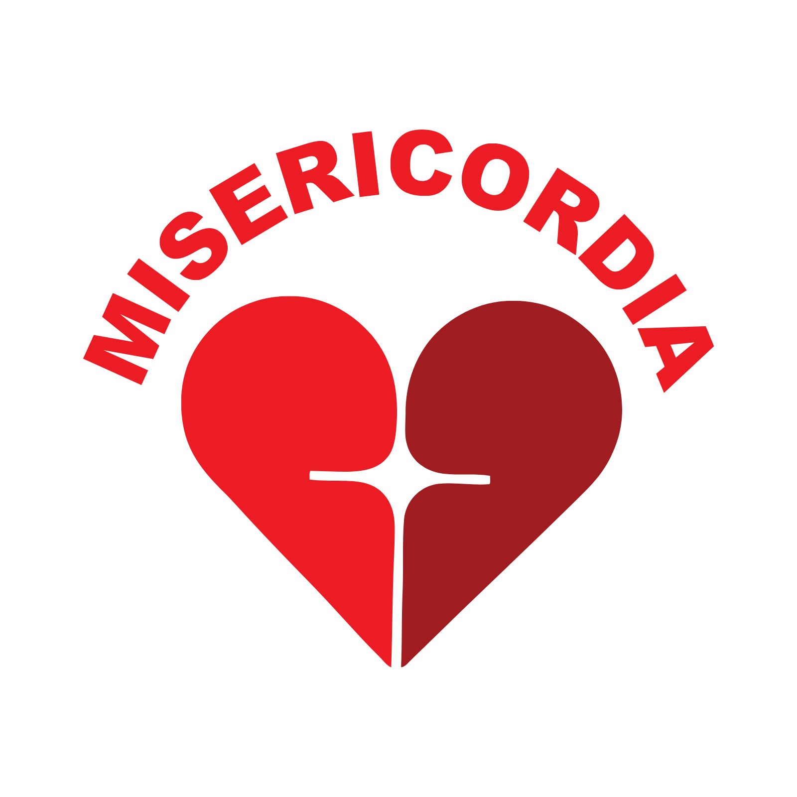 Red heart with a black outline featuring red text that reads 'MISSERICORDIA' arched above the heart.