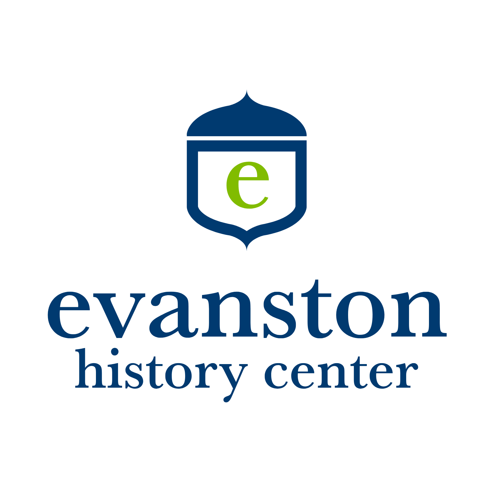 Logo for Evanston History Center with a stylized blue and green ink pen and the lowercase words "evanston history center" underneath.