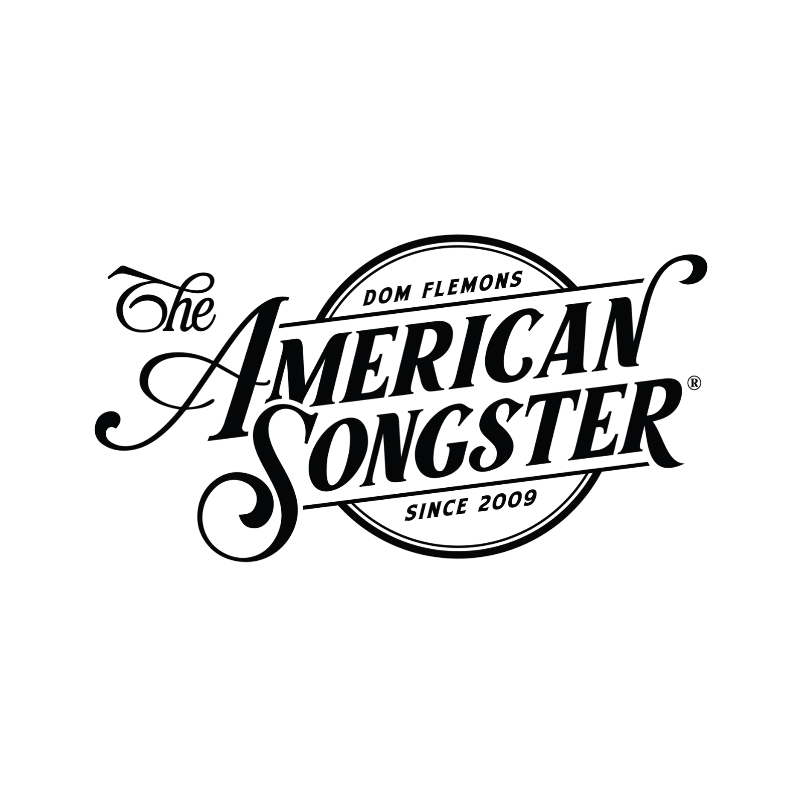 Dark logo with elegant script font reading "The American Songster" and smaller text "Dom Flemons" and "Since 2009" underneath.