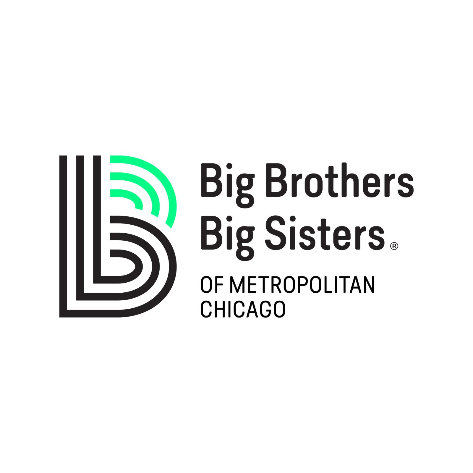 Logo of Big Brothers Big Sisters of Metropolitan Chicago with stylized letter B and text in black and green.