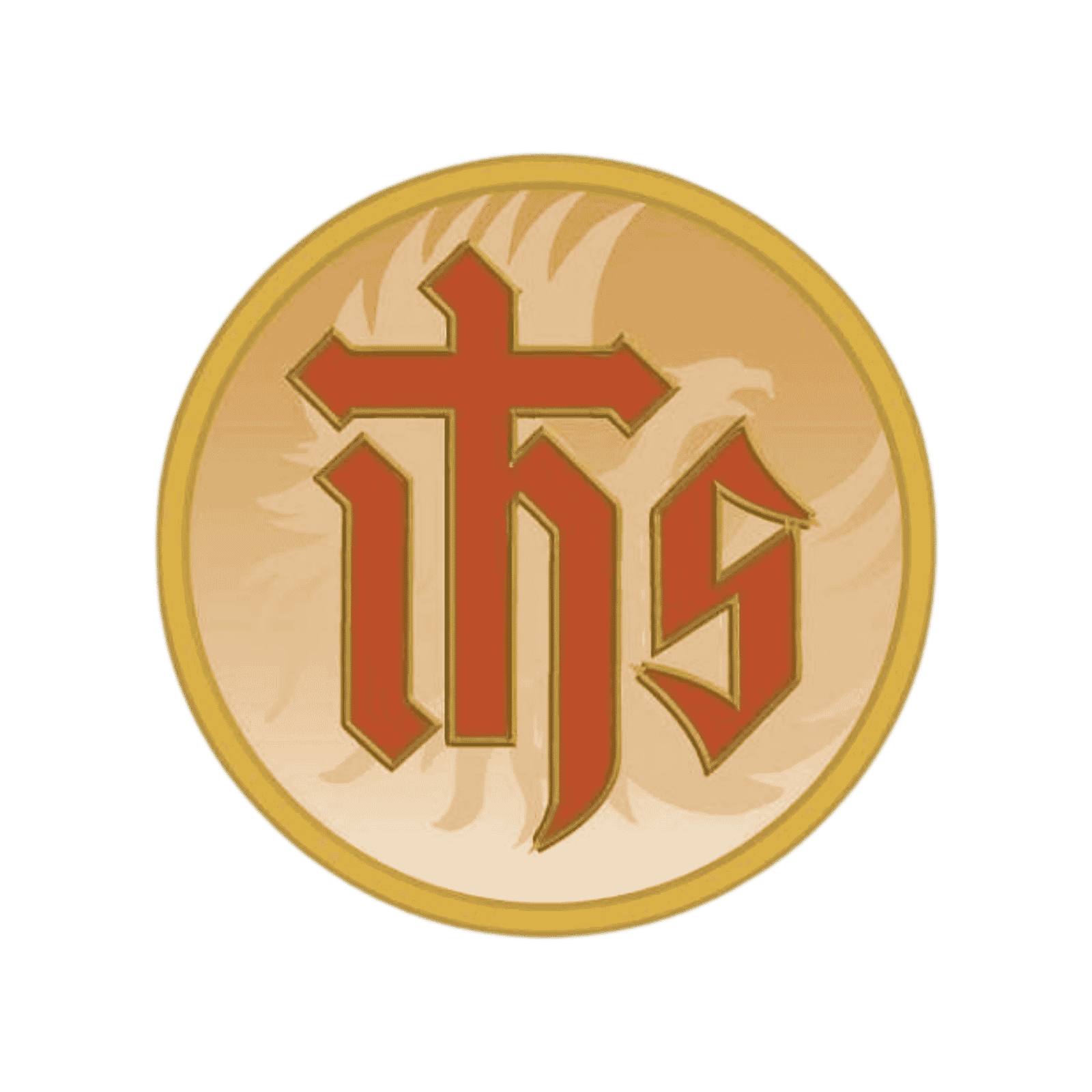 A round emblem with a golden border and a beige background featuring a red cross and a sword emblem in the center.