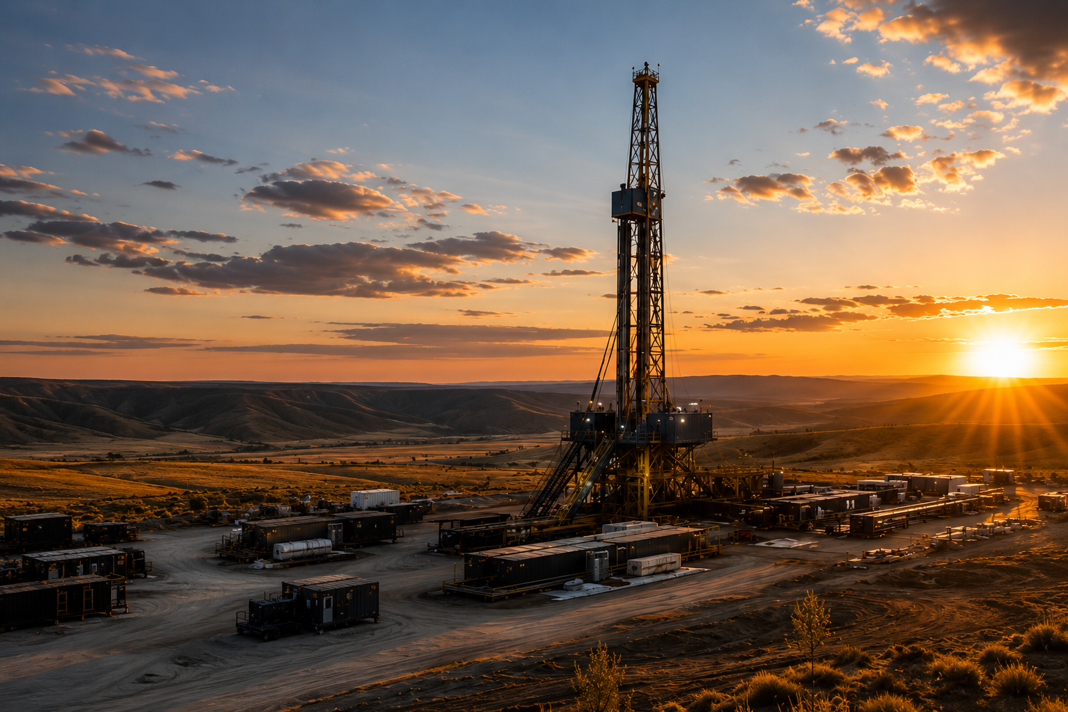 Oil drilling rig in an open landscape at sunset with scattered clouds and rolling hills in the background.