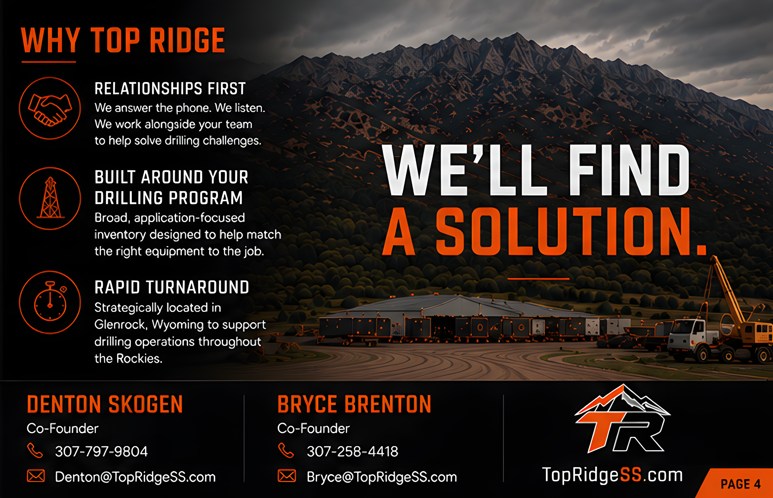 An outdoor construction site with mountains in the background, featuring equipment and buildings, under a cloudy sky. The image contains text promoting Top Ridge, emphasizing relationships, building programs, rapid turnaround, and contact information for leaders Denton Skogen and Bryce Brenton.