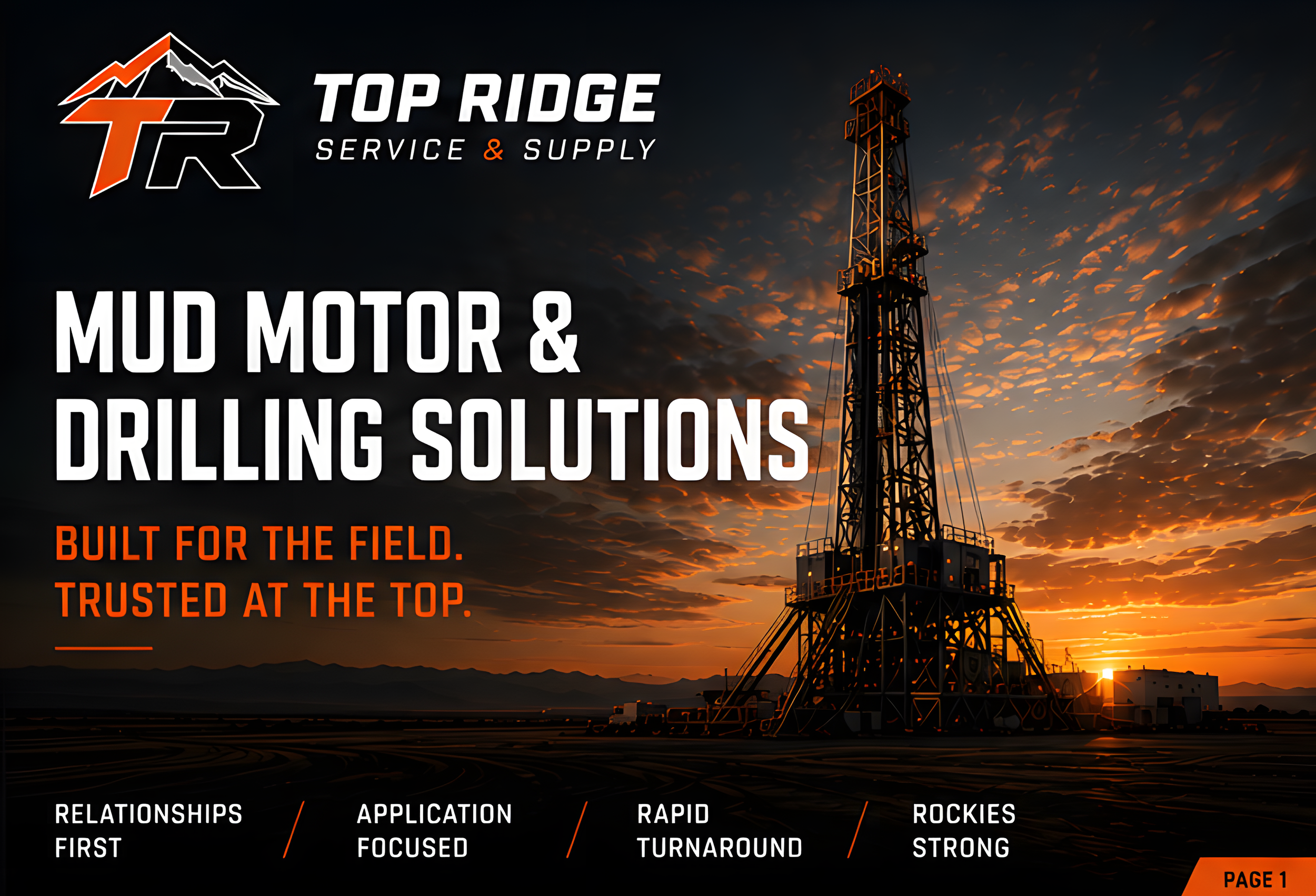 A promotional image for Top Ridge Service & Supply featuring an oil drilling rig set against a sunset sky with orange and dark clouds. The text highlights mud motor and drilling solutions, emphasizing trust, quality, and field expertise.