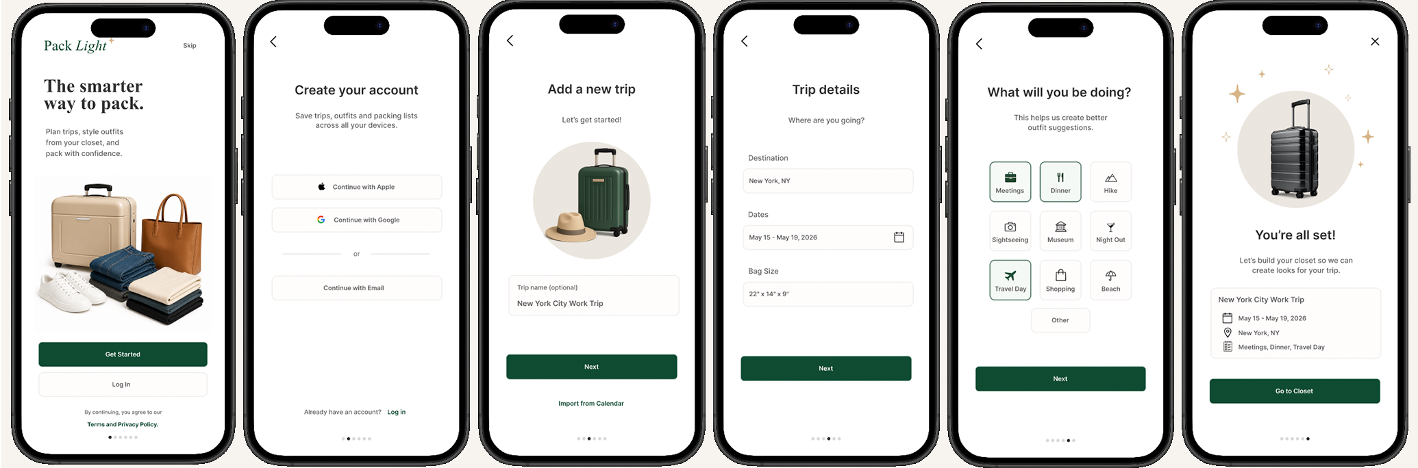 Pack Light onboarding flow showing account setup, trip creation, trip details, activity selection, and packing.