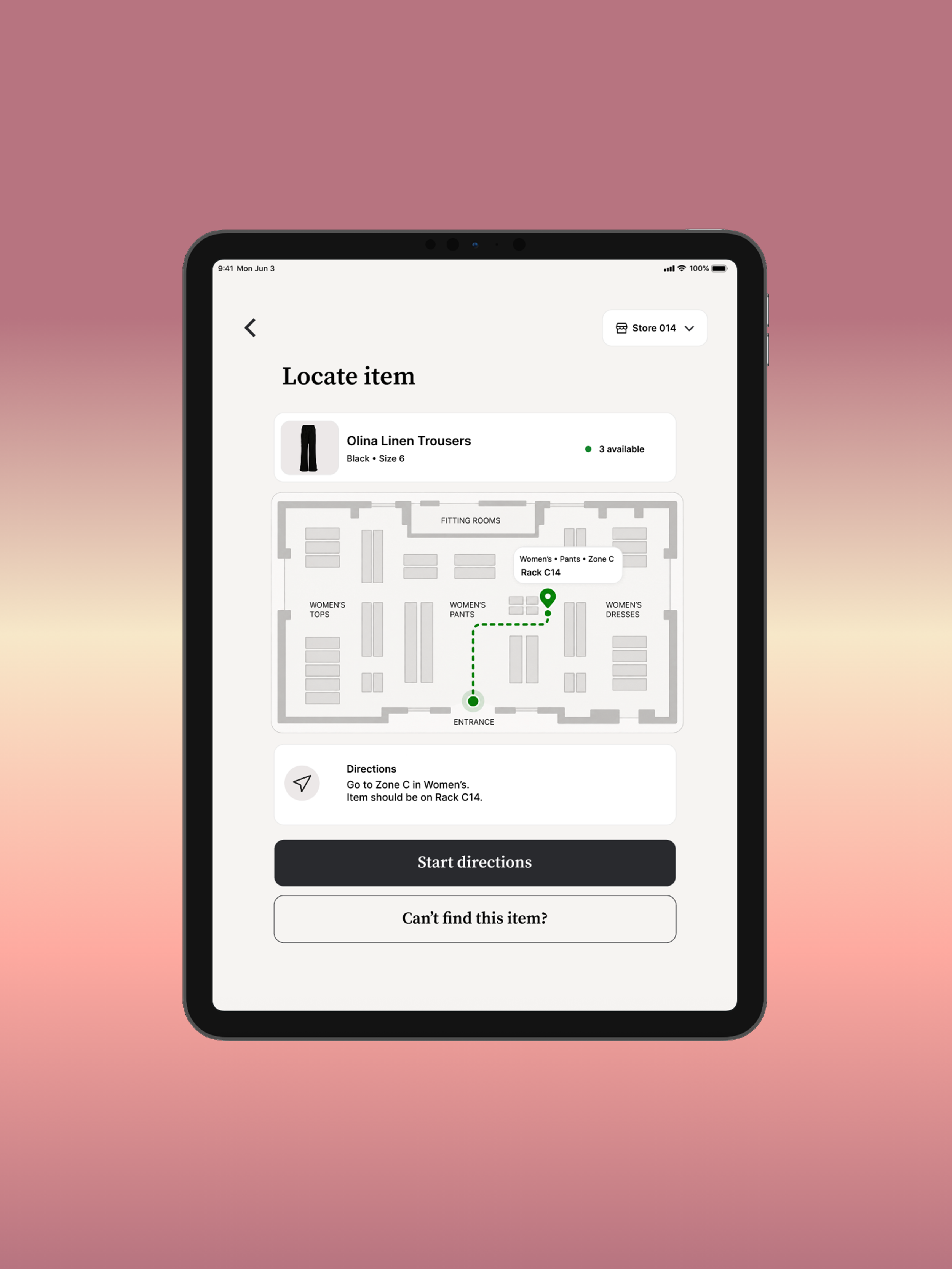Inventory Simplified mobile interface showing item details, stock information, and in-store item location.