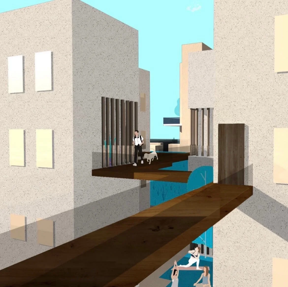 A digital illustration of a modern urban setting with multi-story buildings and a wooden bridge. There are people walking and practicing yoga.