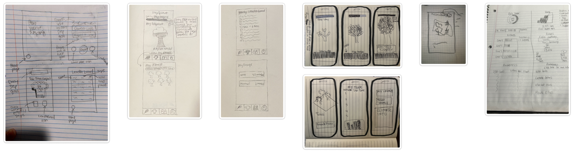 Early Step Sprout sketches exploring mobile layouts, features, and navigation.
