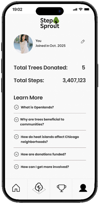 Step Sprout settings screen with account, goals, location, notifications, privacy, and support options.