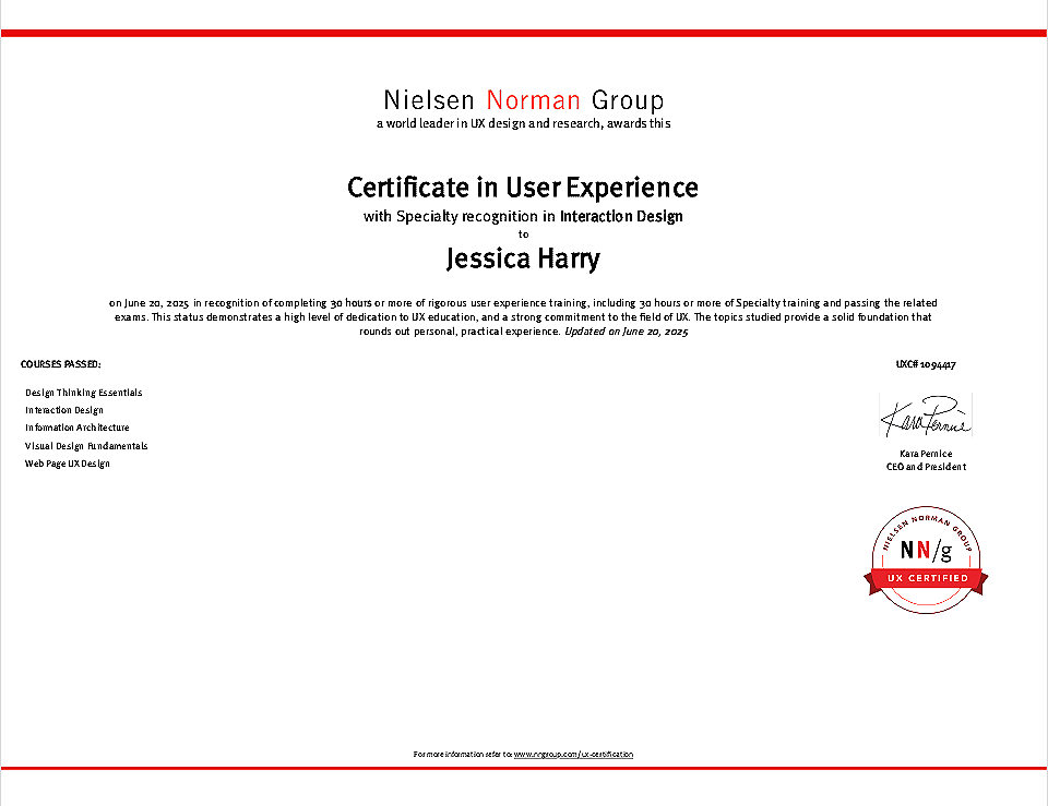 Nielsen Norman Group UX Certification awarded to Jessica Harry.