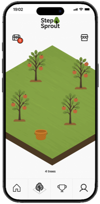 Step Sprout forest interface showing the user's growing collection of trees.