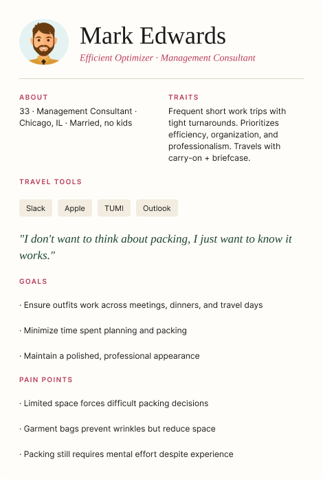 Resume of Mark Edwards, a management consultant from Chicago, Illinois, with a profile picture of a cartoon-style man with brown hair and a beard. The resume includes sections about his traits, travel tools, goals, and pain points, with a quote about packing.