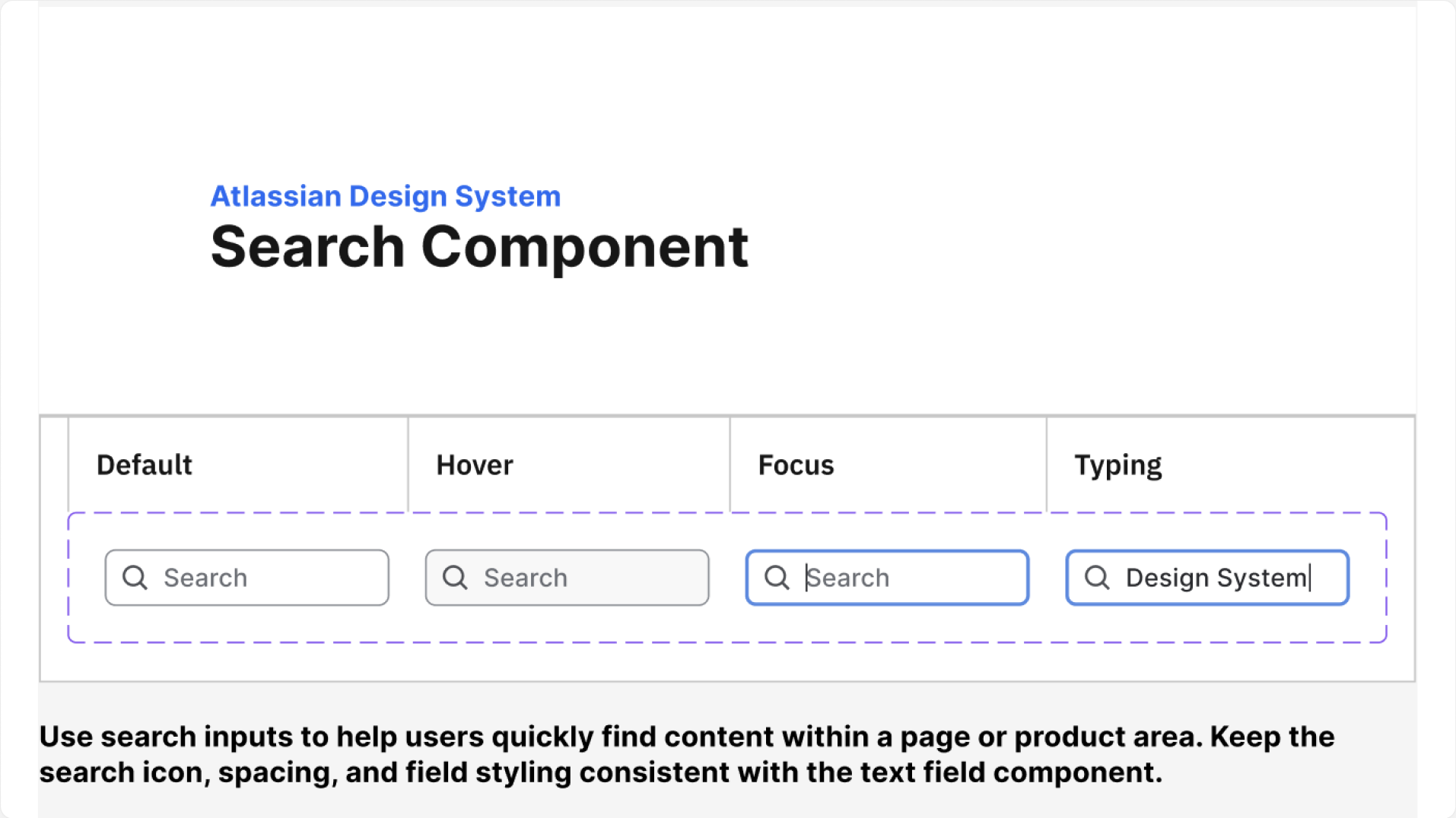 Atlassian search component showing default, hover, focus, and typing states.