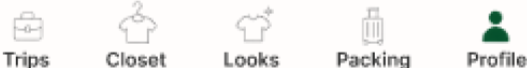 Icons representing menu options: Trips, Closet, Looks, Packing, Profile.