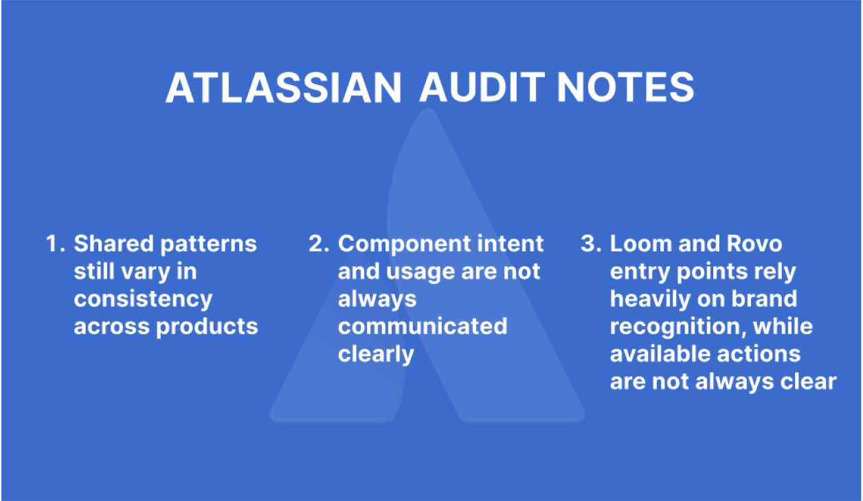 Atlassian interface audit findings highlighting inconsistencies in patterns, component guidance, and product entry points.
