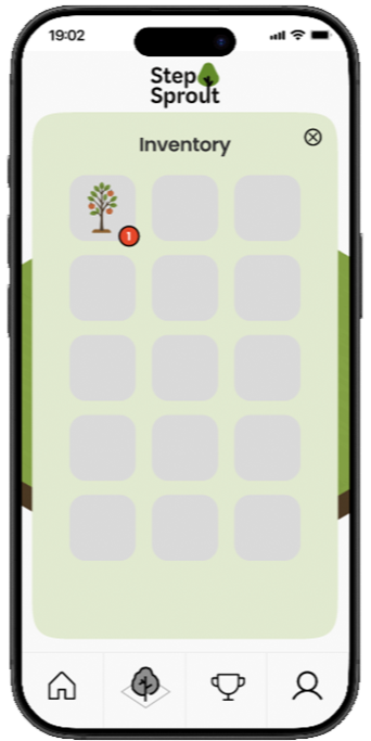 Step Sprout inventory showing earned virtual trees.