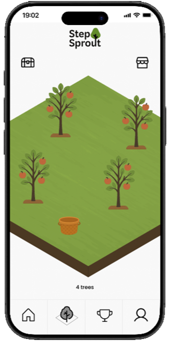 Step Sprout forest screen showing earned trees and environmental progress.