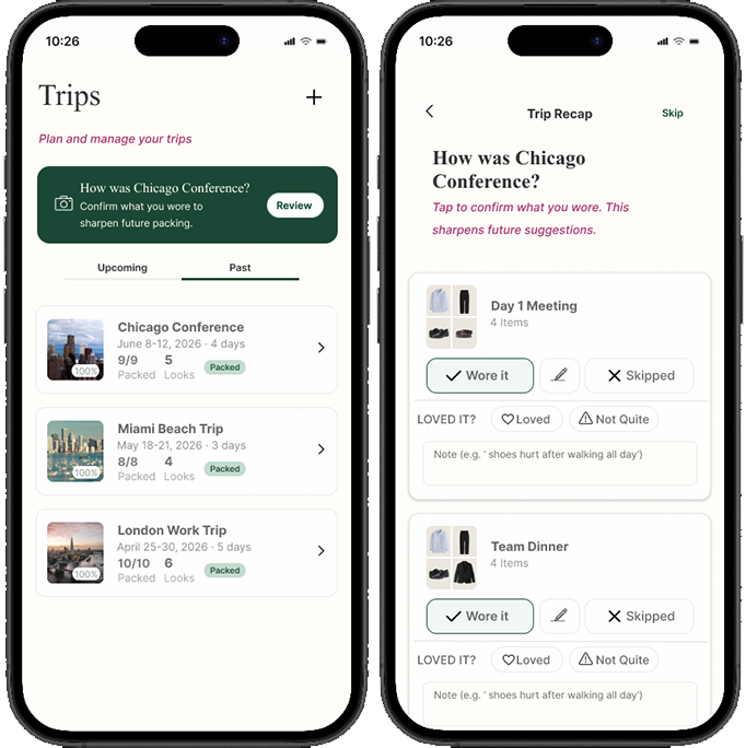 Pack Light Trips screens showing upcoming trips and a post-trip recap with packing feedback.